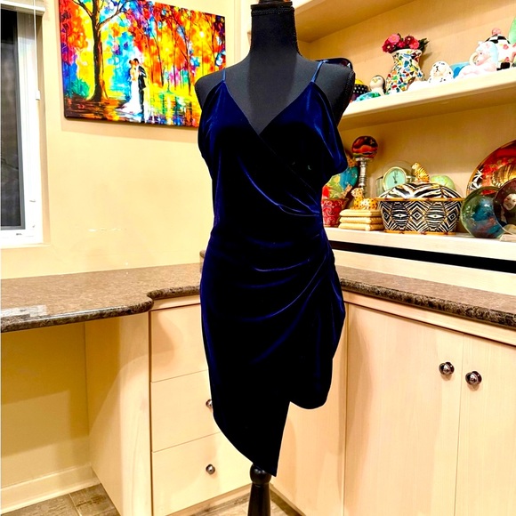 Cotton Candy Asymmetrical Velvet Dress in Deep Blue - Picture 1 of 8